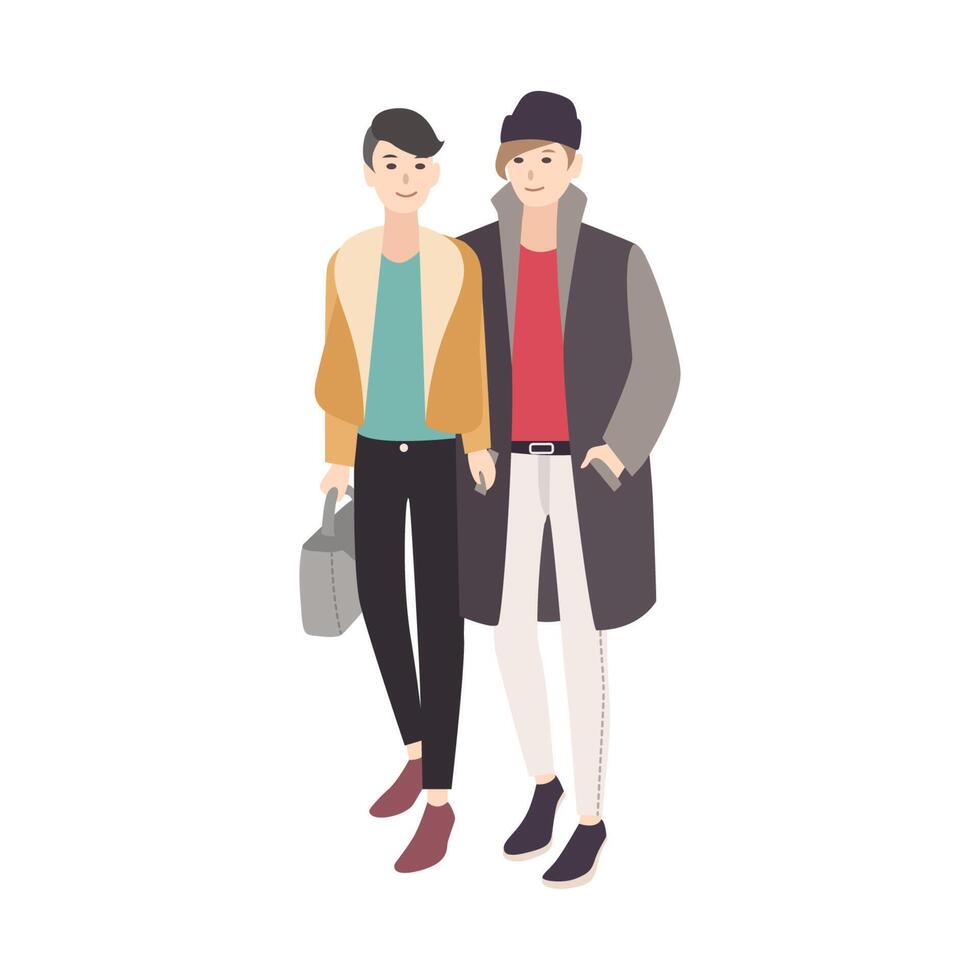 paire de Jeune Hommes habillé dans branché vêtements d'extérieur souriant, en marchant ensemble et embrassant. élégant gay couple. mignonne dessin animé personnages isolé sur blanc Contexte. coloré plat illustration. vecteur