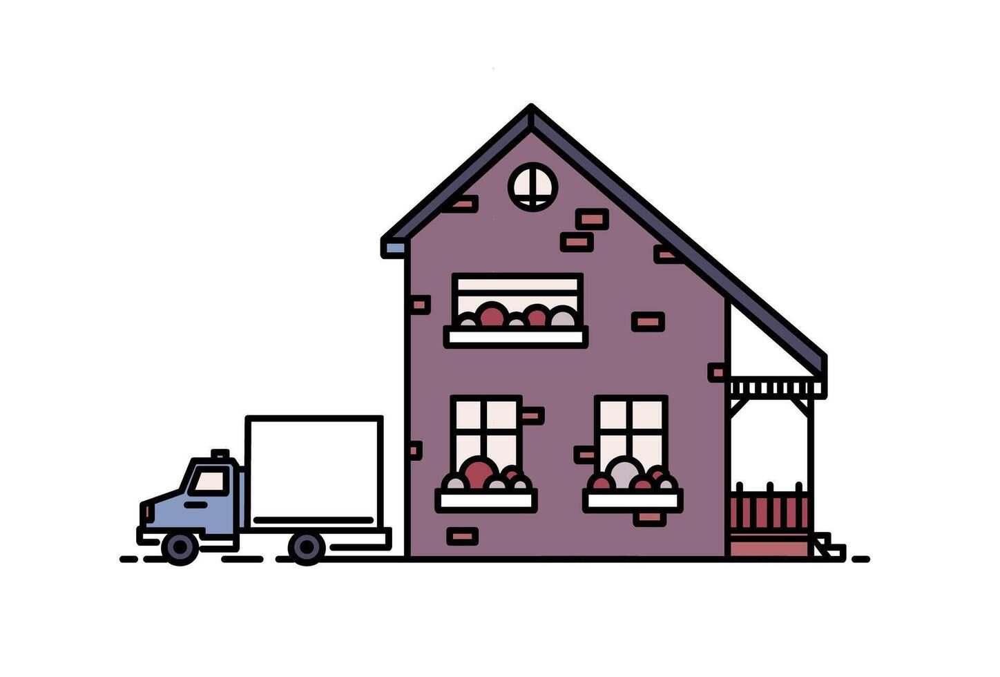 petit à deux étages de banlieue maison avec porche construit avec briques dans moderne architectural style et un camion garé à côté de il. vivant bâtiment isolé sur blanc Contexte. coloré plat illustration. vecteur