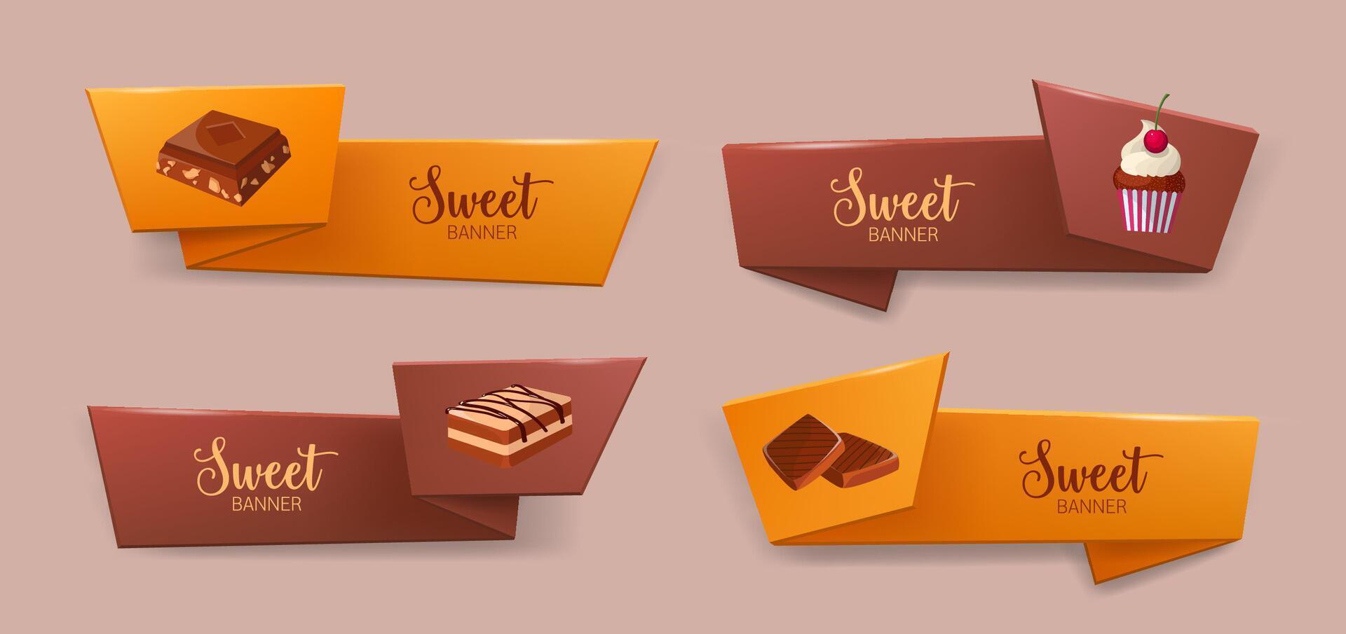 ensemble de élégant ruban ou ruban bannières avec délicieux desserts ou savoureux sucré cours - biscuit, chocolat, petit gâteau. coloré décoratif éléments. illustration pour boulangerie ou confiserie publicité. vecteur