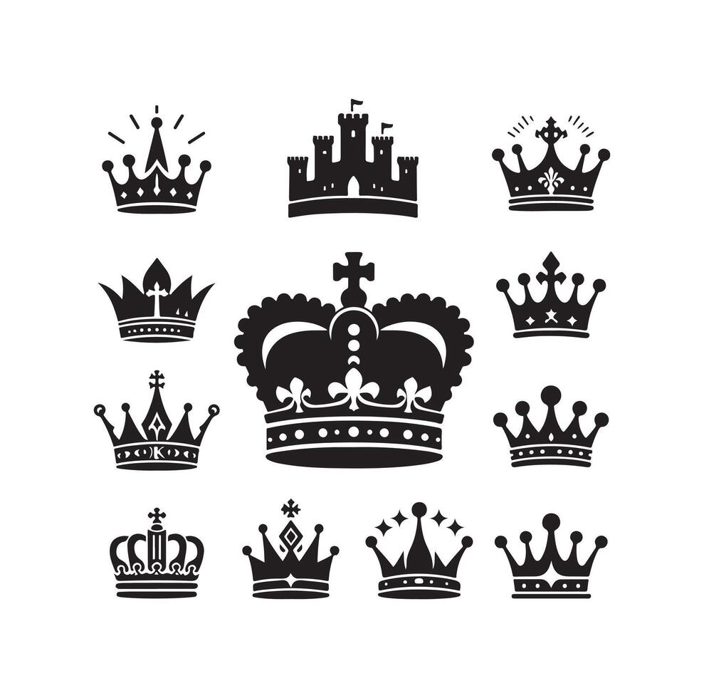 rois couronne icône ensemble illustration silhouette style vecteur