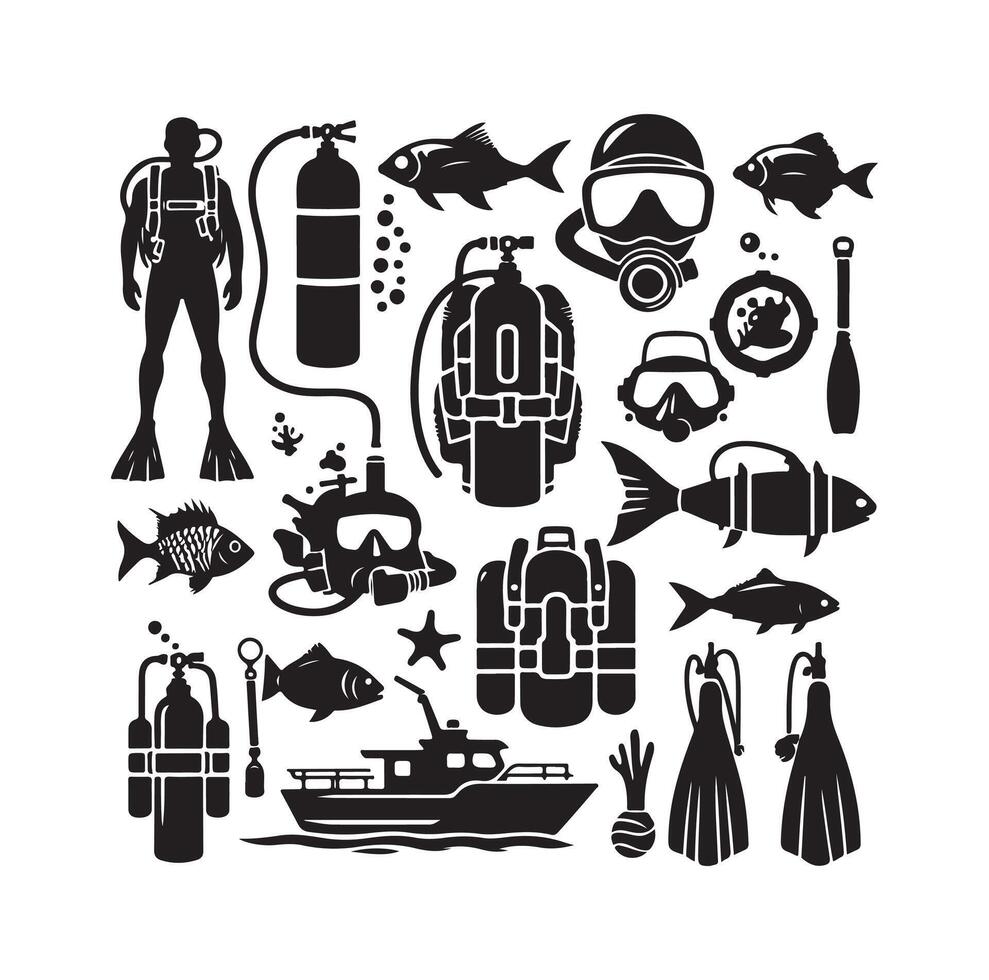scaphandre autonome plongée ensemble silhouettes. scaphandre autonome plongeur, sous-marin sport. isolé sur blanc Contexte. illustration. vecteur