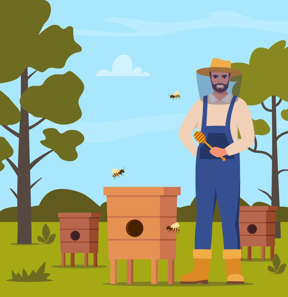 apiculteur homme à rucher, travail avec urticaire et mon chéri les abeilles. apiculteur à ferme avec ruches et fleur jardin panorama. apiculture ouvrier apiculture. illustration. vecteur