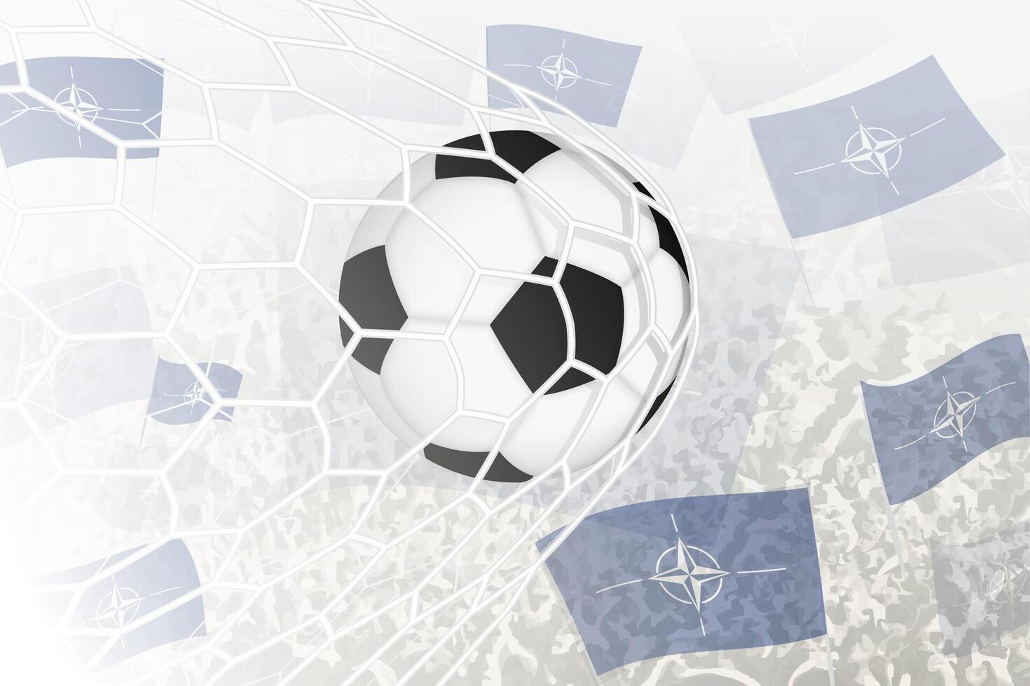 nationale Football équipe de nato marqué but. Balle dans objectif filet, tandis que Football partisans sont agitant le nato drapeau dans le Contexte. vecteur