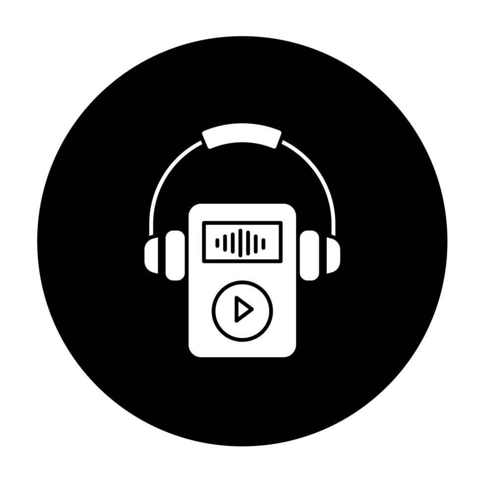 icône de glyphe de lecteur de musique numérique. lecteur mp3 portable avec casque. gadget de stockage de fichiers audio. petit appareil mobile de poche pour jouer de la musique. Vector illustration silhouette blanche en cercle noir