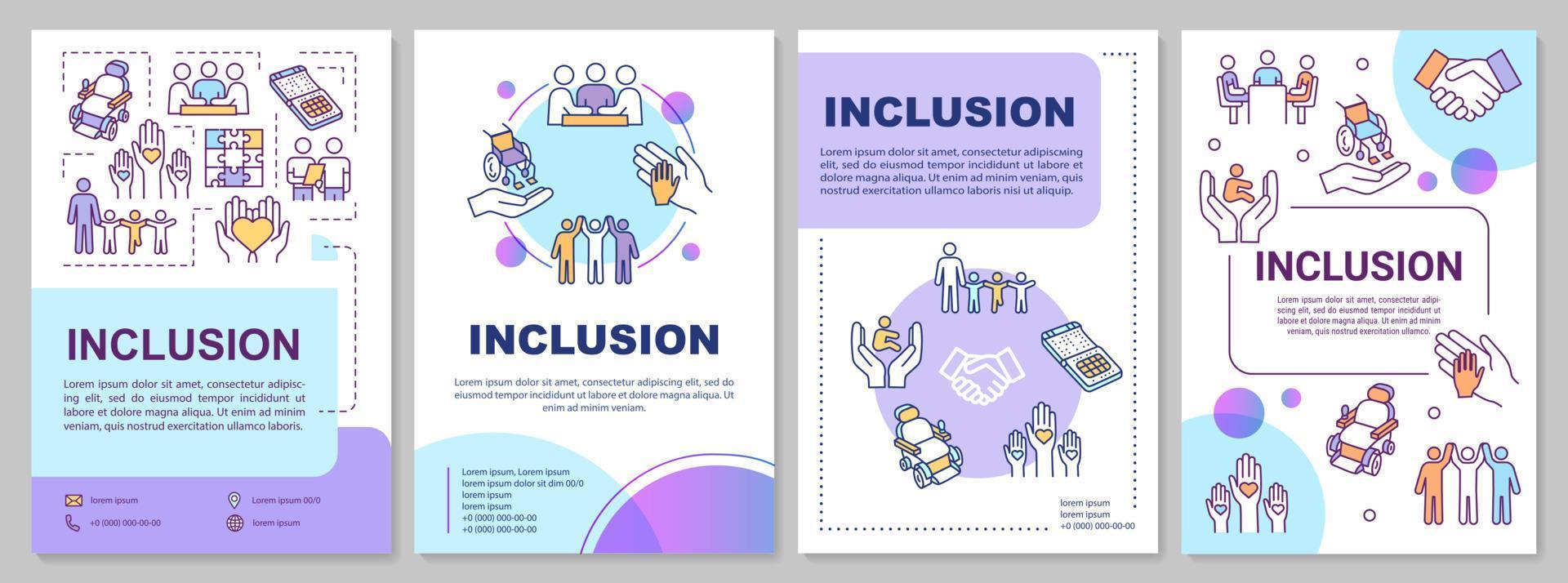 modèle de brochure d'inclusion. aide aux personnes handicapées. socialisation, éducation. flyer, brochure, dépliant imprimé, conception de la couverture avec des icônes linéaires. mises en page vectorielles pour magazines, rapports annuels, affiches publicitaires vecteur