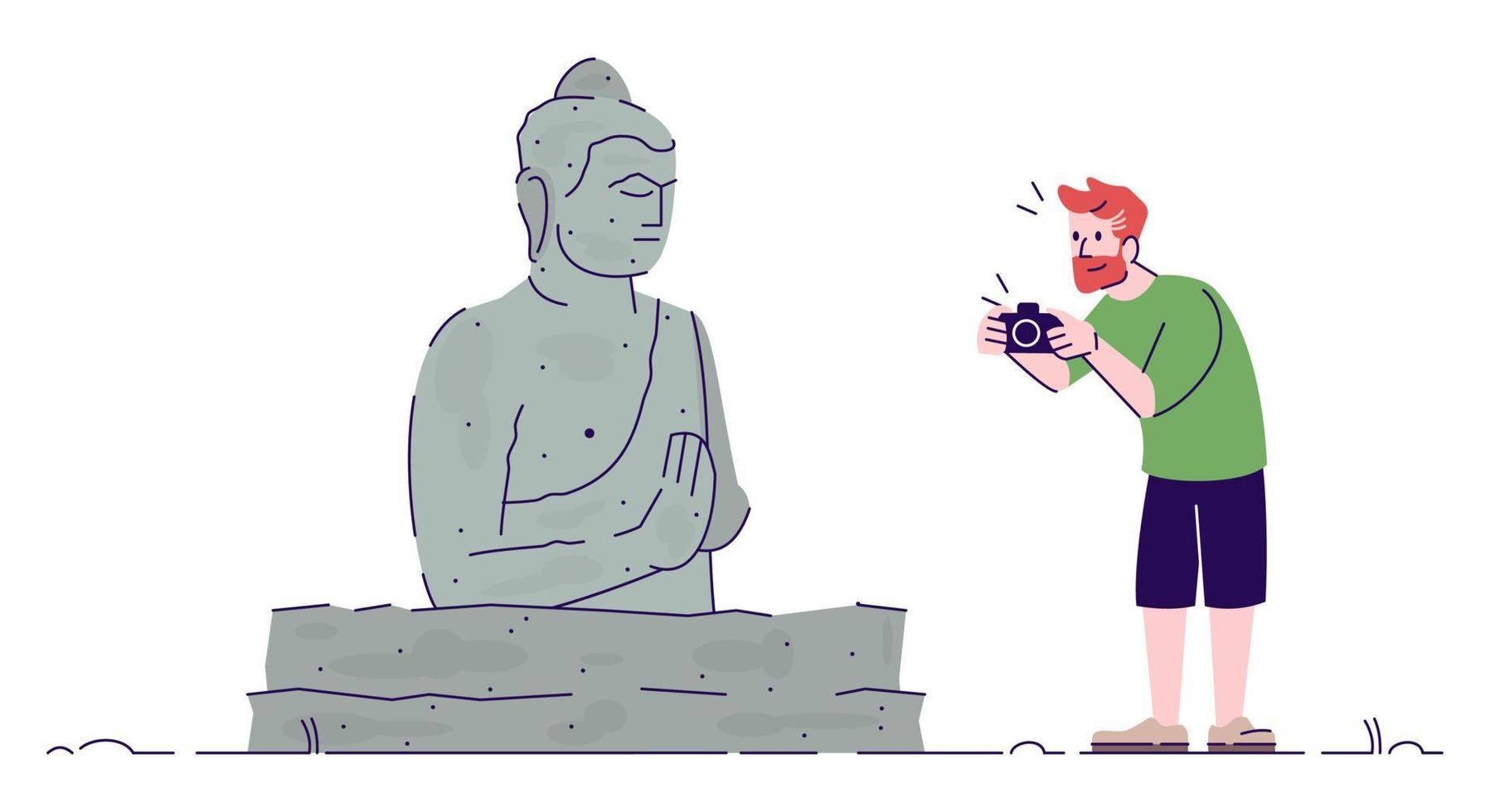 homme photographiant l'illustration plate de griffonnage de monument. gars prenant une photo de la statue de bouddha. vacances en pays tropical. personnage de dessin animé 2d de tourisme indonésien avec contour à usage commercial vecteur