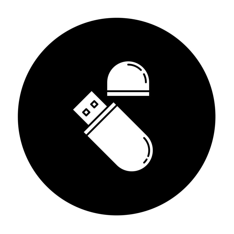 icône de glyphe de lecteur flash usb. périphérique de stockage de données compact. clé USB. clé USB. transférer des informations. petit gadget électronique portable. Vector illustration silhouette blanche en cercle noir