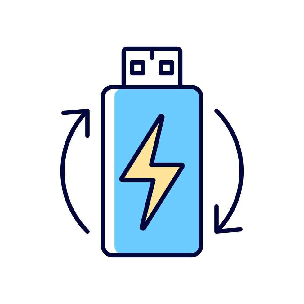 icône d'étiquette manuelle de couleur rvb de batterie au lithium-ion rechargeable. accumulateur réutilisable. énergie pour casque vr. illustration vectorielle isolée. dessin au trait rempli simple pour les instructions d'utilisation du produit vecteur