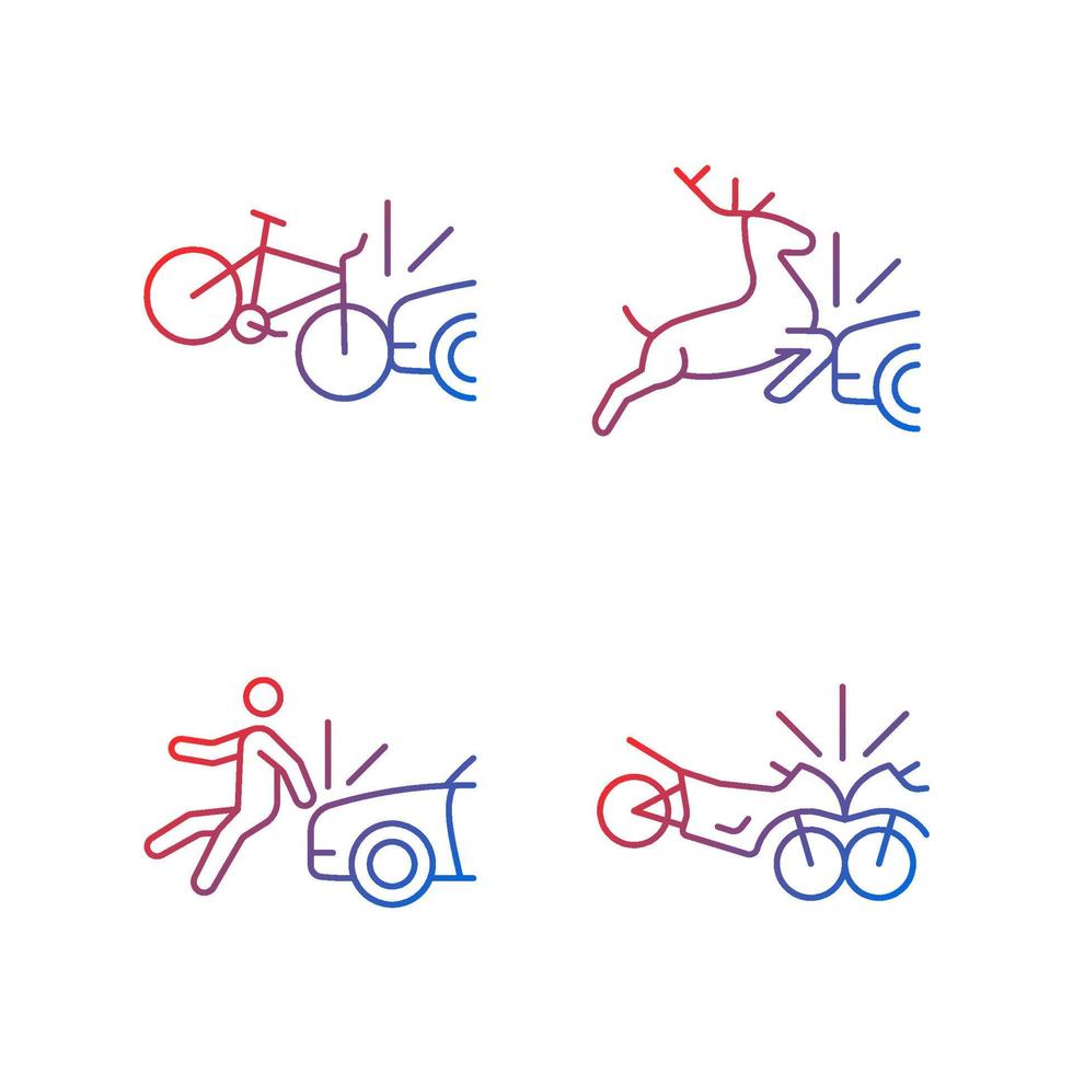 Scénarios de collision de la circulation ensemble d'icônes vectorielles linéaires à gradient. accident de vélo. collision avec la faune. heurter un piéton. paquet de symboles de contour de ligne mince. collection d'illustrations de contour isolé vecteur