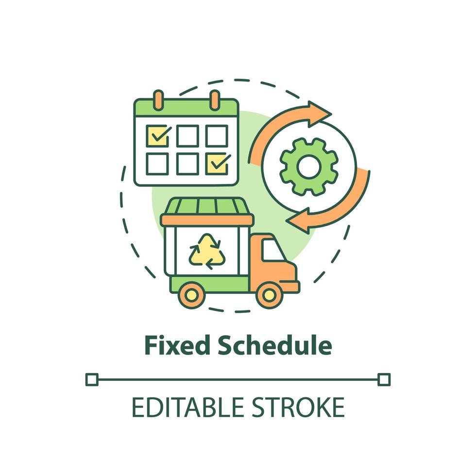icône de concept de calendrier fixe. illustration de la ligne mince de la gestion des déchets idée abstraite. calendrier de ramassage des ordures. collecte et élimination. dessin de couleur de contour isolé de vecteur. trait modifiable vecteur