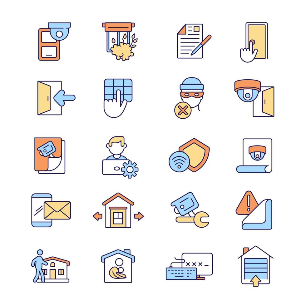 ensemble d'icônes de couleur rvb de sécurité à domicile. zones résidentielles faibles qui nécessitent une surveillance par caméra. système de sécurité par caméra. mesures de protection. illustrations vectorielles isolées. collection de dessins au trait remplis simples vecteur