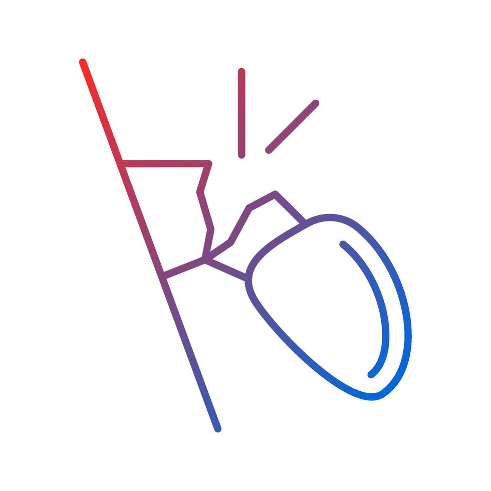 icône de vecteur linéaire dégradé miroir vue latérale cassée. extérieur du véhicule endommagé. collision avec une autre voiture. symbole de couleur de ligne mince. pictogramme de style moderne. dessin de contour isolé de vecteur