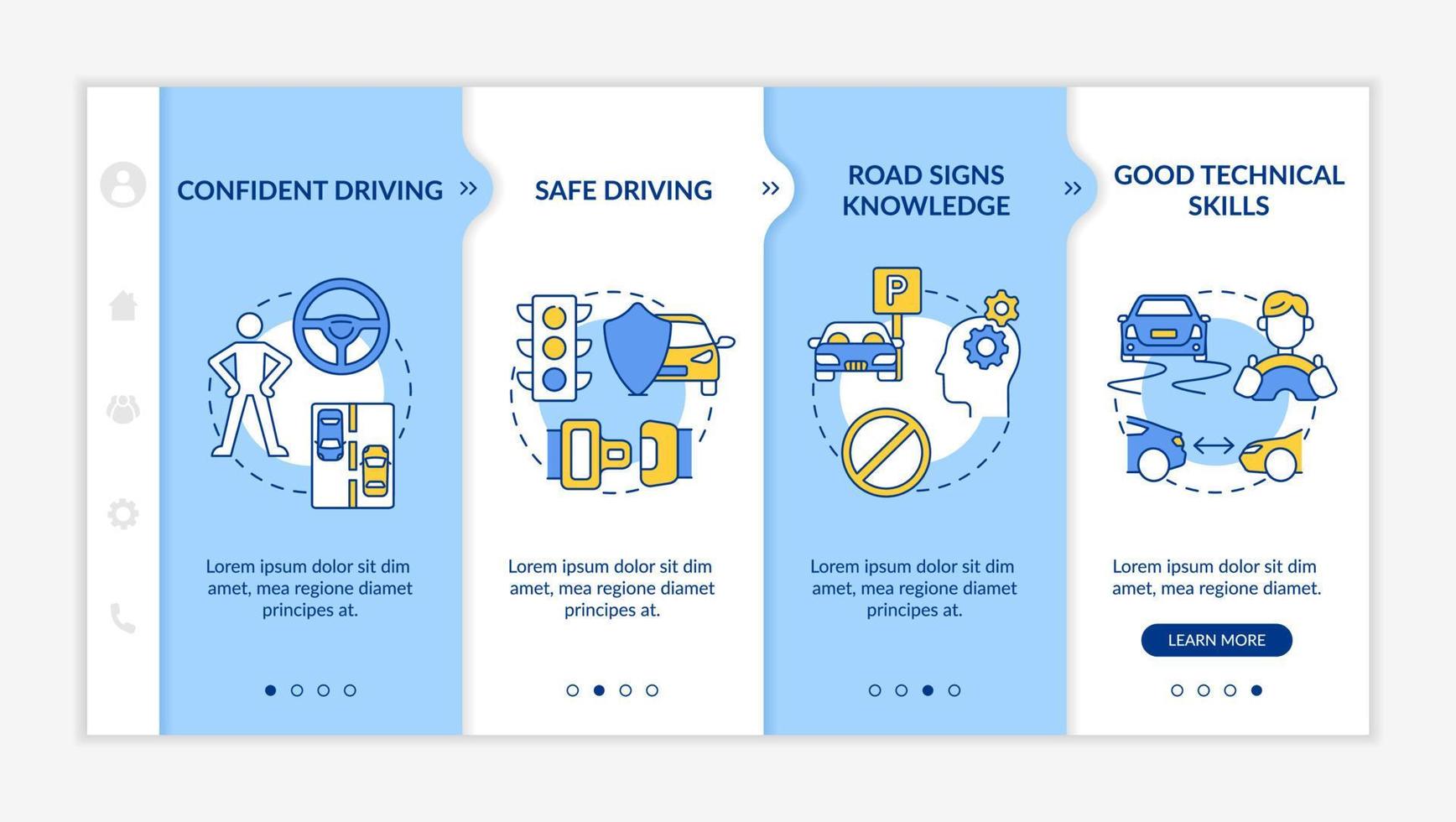 résultats de l'éducation à la conduite modèle vectoriel d'intégration. site Web mobile réactif avec des icônes. page Web pas à pas, écrans en 4 étapes. devenir confiant dans le concept de couleur du conducteur avec des illustrations linéaires