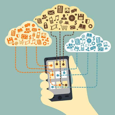 Main tenant un smartphone connecté à des services de cloud computing vecteur