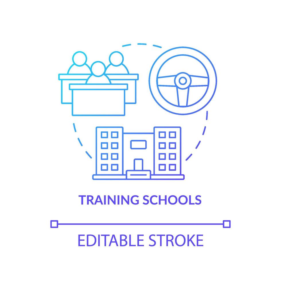 école de formation icône de concept dégradé bleu. cours de conduite pour les adolescents illustration de fine ligne idée abstraite. étudiants adolescents. règles de circulation routière. dessin en couleur de contour isolé de vecteur