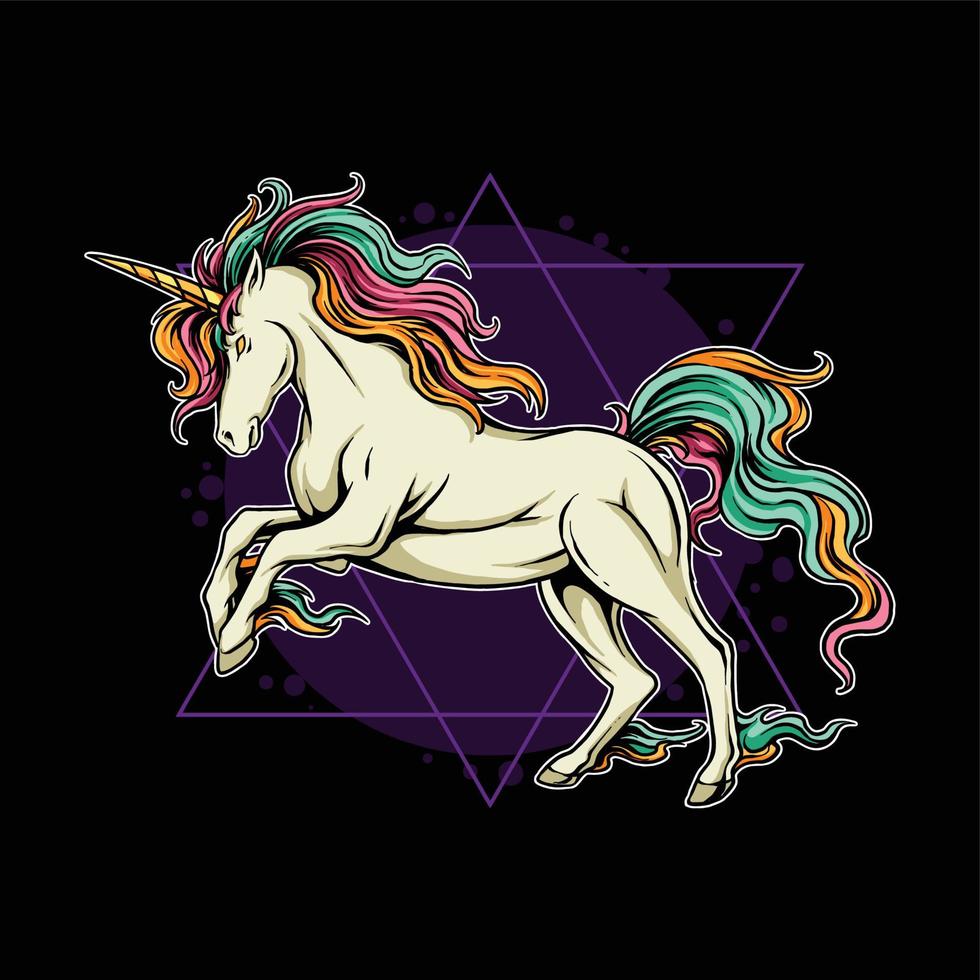 la licorne aux cheveux colorés et aux cornes rose violet rouge bleu et orange court vite vecteur