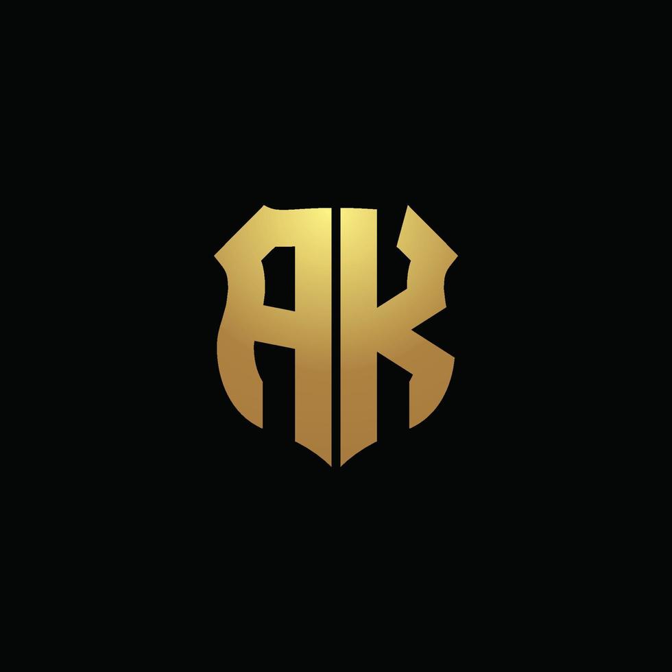 monogramme du logo ak avec des couleurs dorées et un modèle de conception de forme de bouclier vecteur
