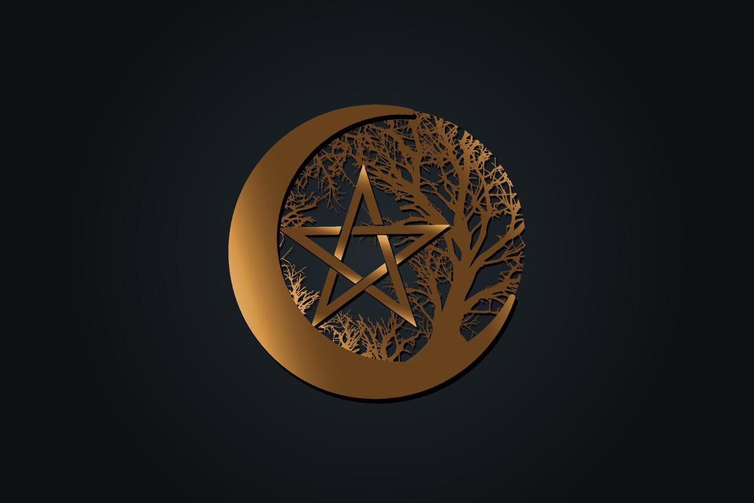 lune mystique, arbre de vie et pentacle wicca. géométrie sacrée. logo d'or, croissant, symbole de la déesse wiccan païenne demi-lune, cercle d'énergie, vecteur de style de tatouage isolé sur fond noir
