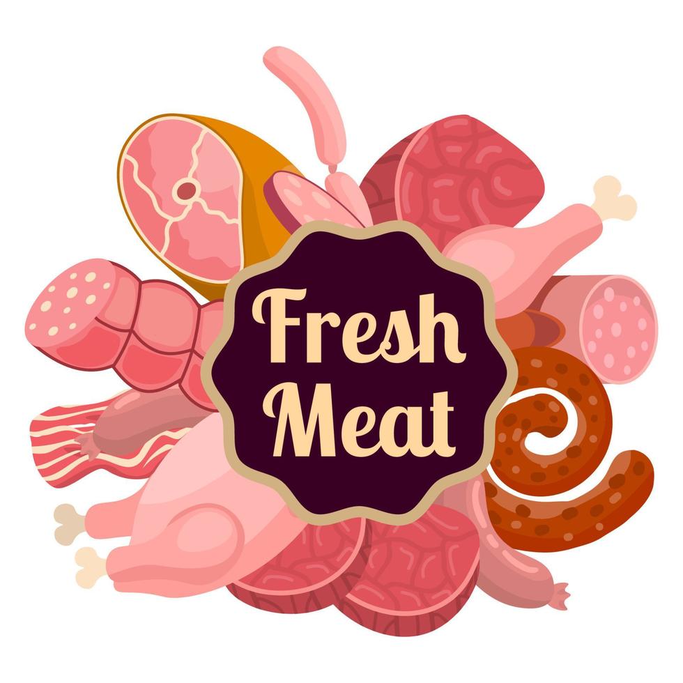 caricature de viande crue fraîche dans un logo de style plat, étiquette, vent. poulet et bacon, steak et saucisses, saucisse et jambon de Cracovie, filet mignon. produits à base de viande et ingrédients. vecteur