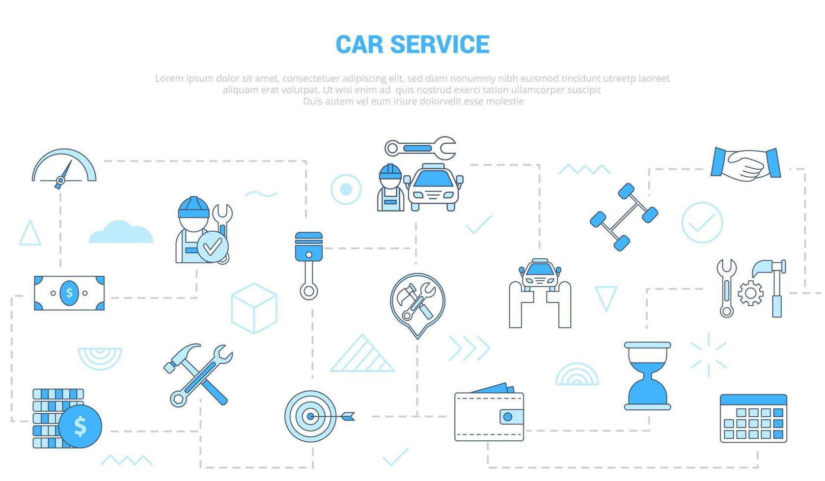 concept de services de voiture avec bannière de modèle de jeu d'icônes avec style de couleur bleu moderne vecteur