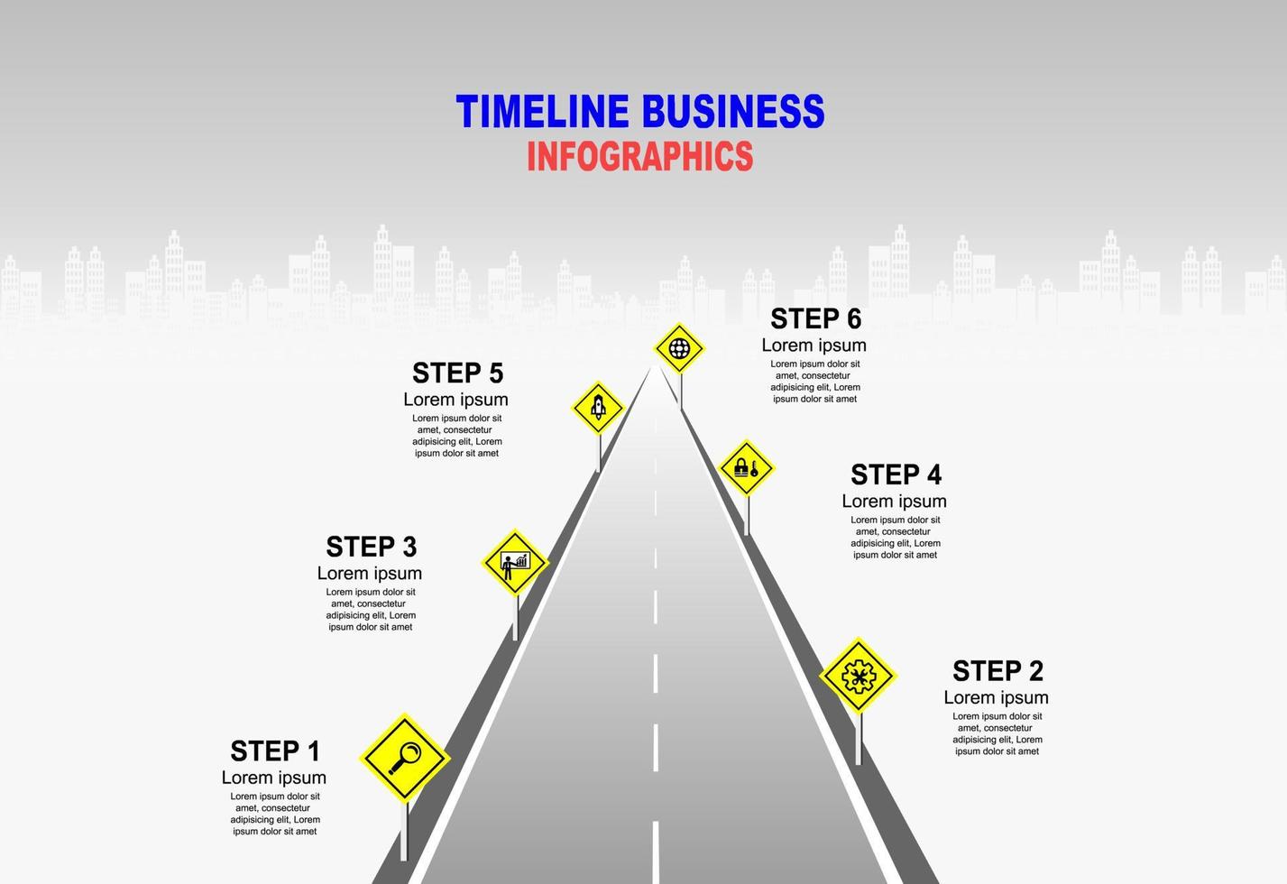 chronologie infographique de modèle vectoriel des opérations commerciales avec des drapeaux et des espaces réservés sur les routes courbes. symboles, étapes pour une planification d'entreprise réussie adaptée à la publicité et aux présentations