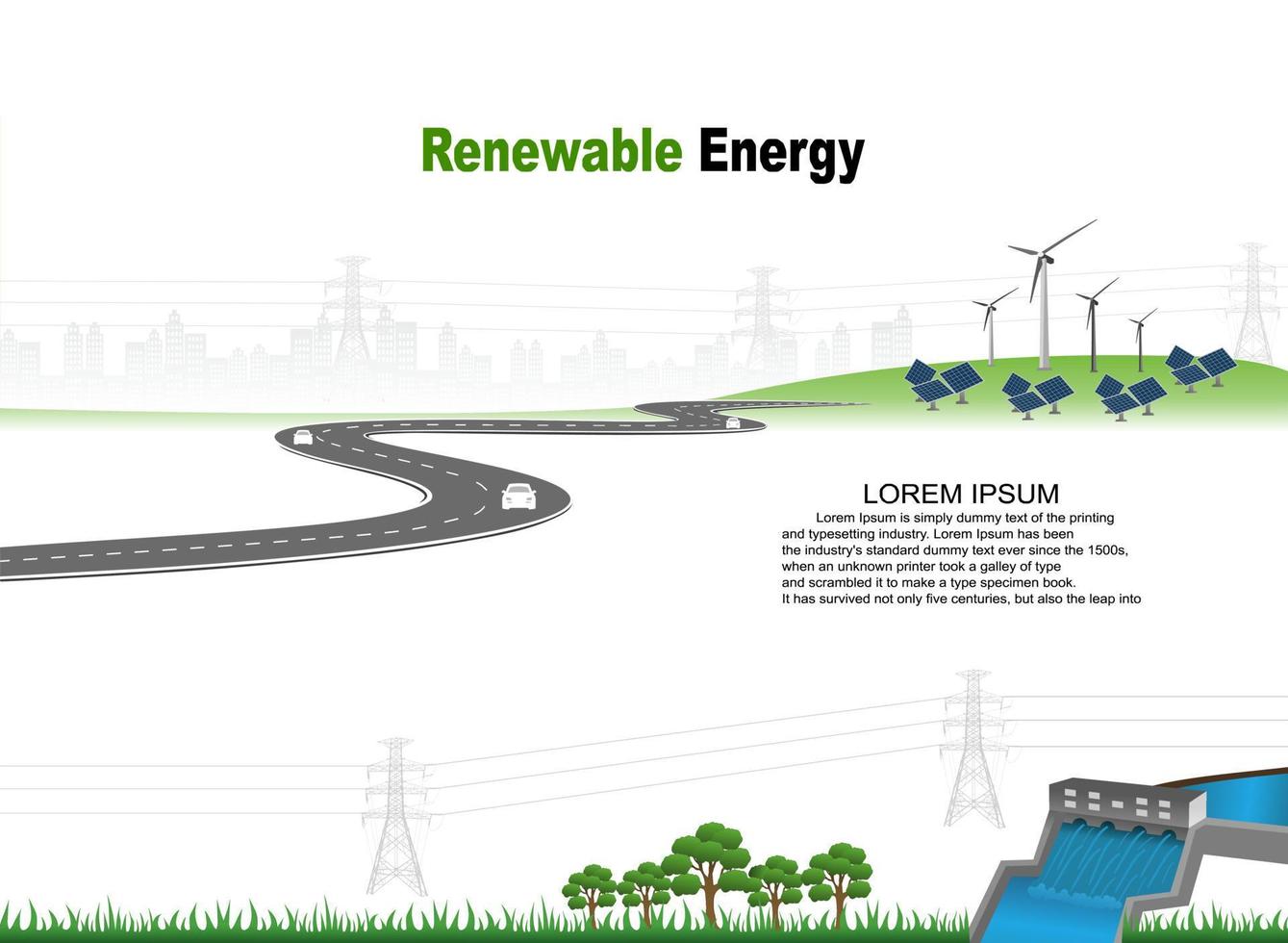 système de production d'électricité énergie propre renouvelable de la nature, telle que l'énergie éolienne, solaire, hydraulique, peut être utilisée pour produire de l'électricité. modèle vectoriel chronologie infographique des opérations commerciales avec des drapeaux