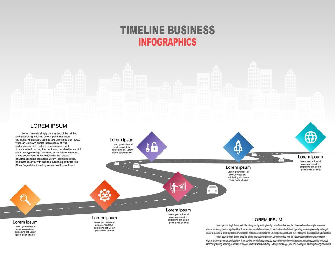 chronologie infographique de modèle vectoriel des opérations commerciales avec des drapeaux et des espaces réservés sur les routes courbes. symboles, étapes pour une planification d'entreprise réussie adaptée à la publicité et aux présentations