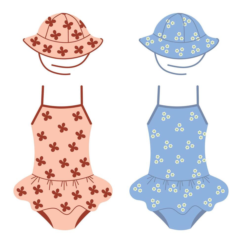 ensemble de des gamins maillots de bain et Panama avec floral impressions vecteur