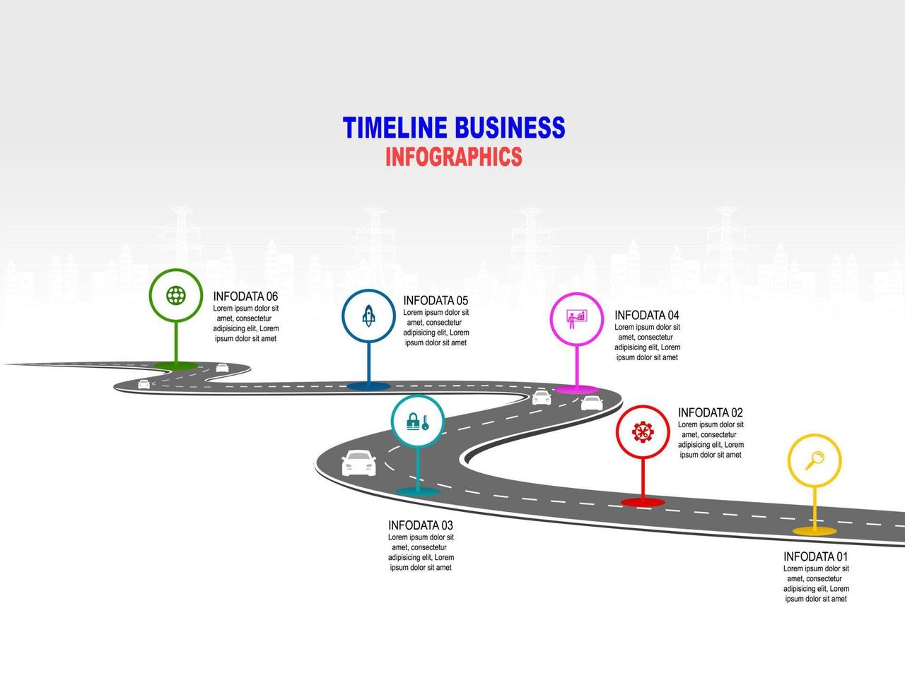 chronologie infographique de modèle vectoriel des opérations commerciales avec des drapeaux et des espaces réservés sur les routes courbes. symboles, étapes pour une planification d'entreprise réussie adaptée à la publicité et aux présentations