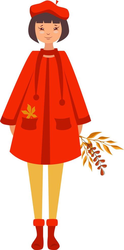 illustration vectorielle d'une fille dans un biret rouge et un manteau avec un bouquet de feuilles d'automne vecteur