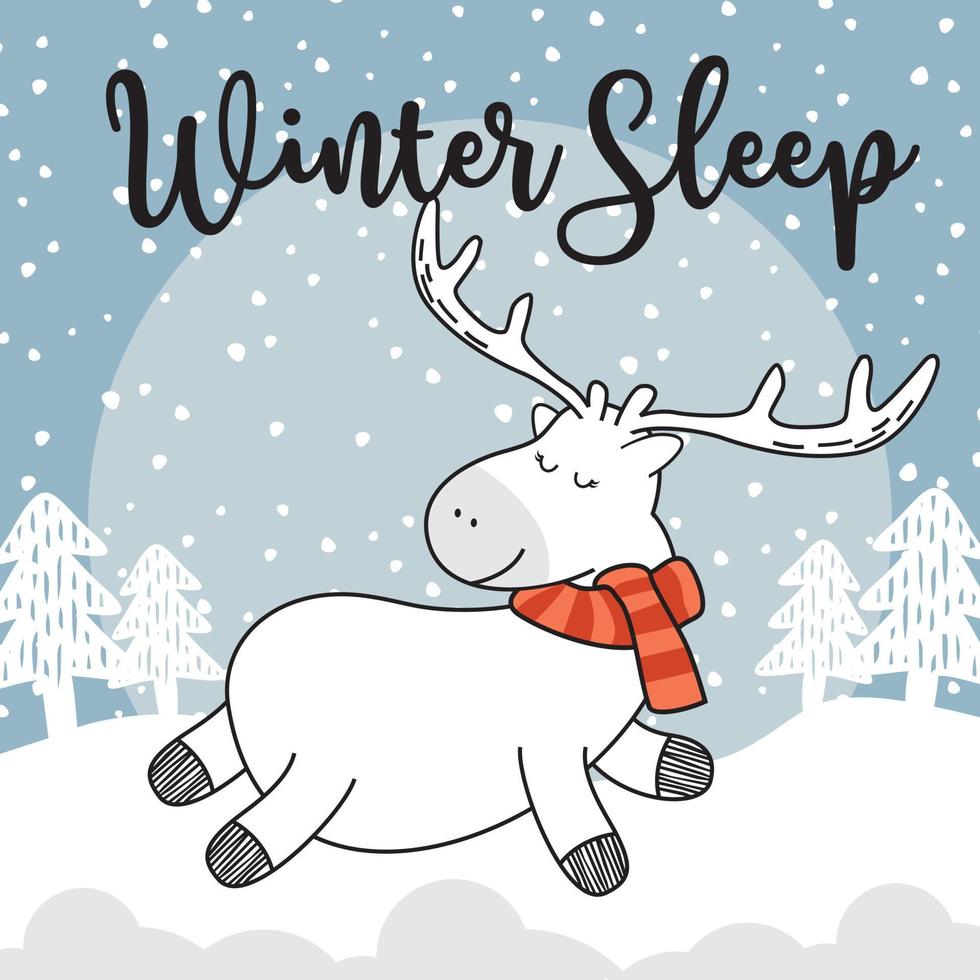 cerf paresseux mignon renne endormi doodle dessin animé hiver vecteur