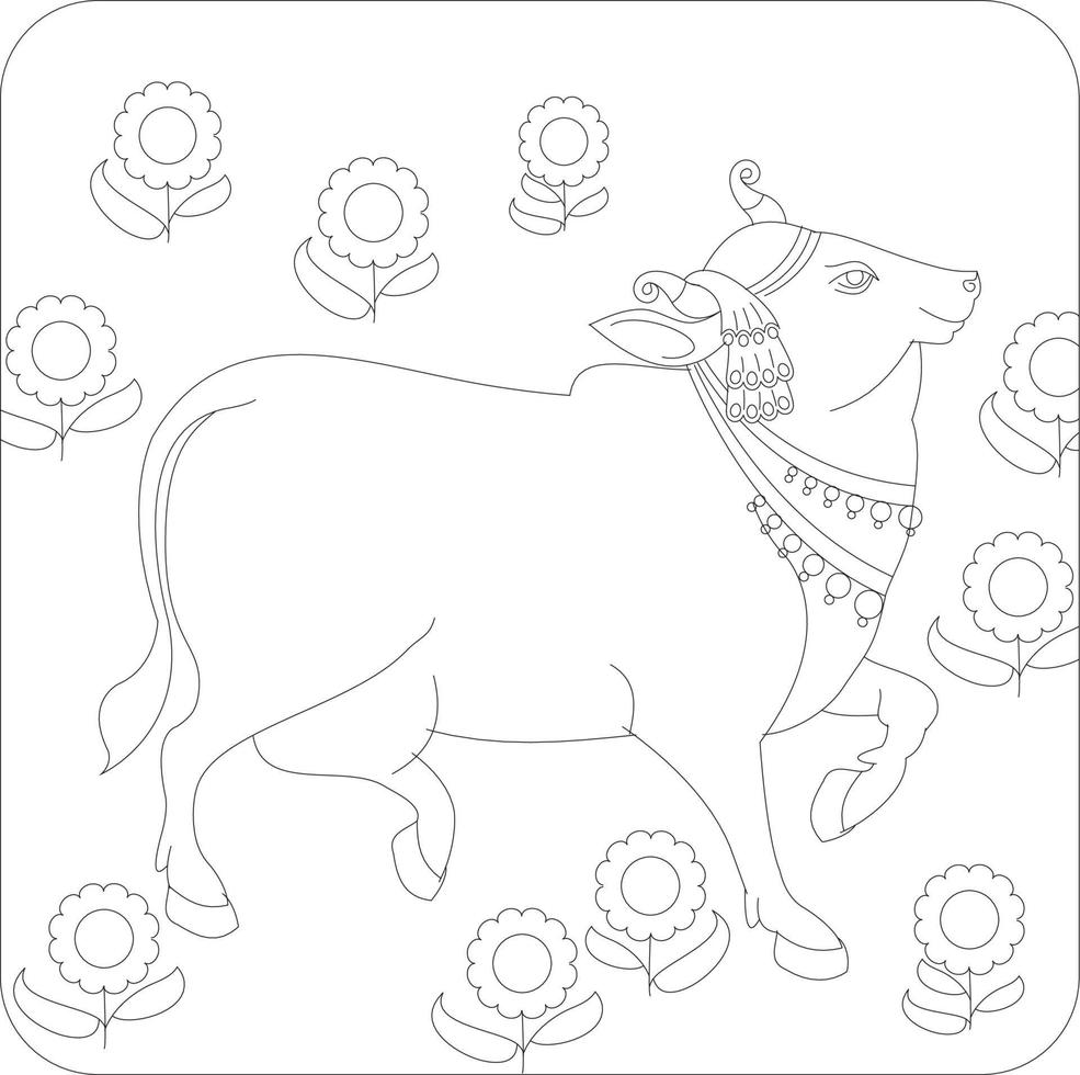 vache sacrée dans l'art populaire traditionnel indien kalamkari sur tissus en lin. il peut être utilisé pour un livre de coloriage, des impressions sur tissu textile, un étui pour téléphone, une carte de voeux. logo, calendrier vecteur