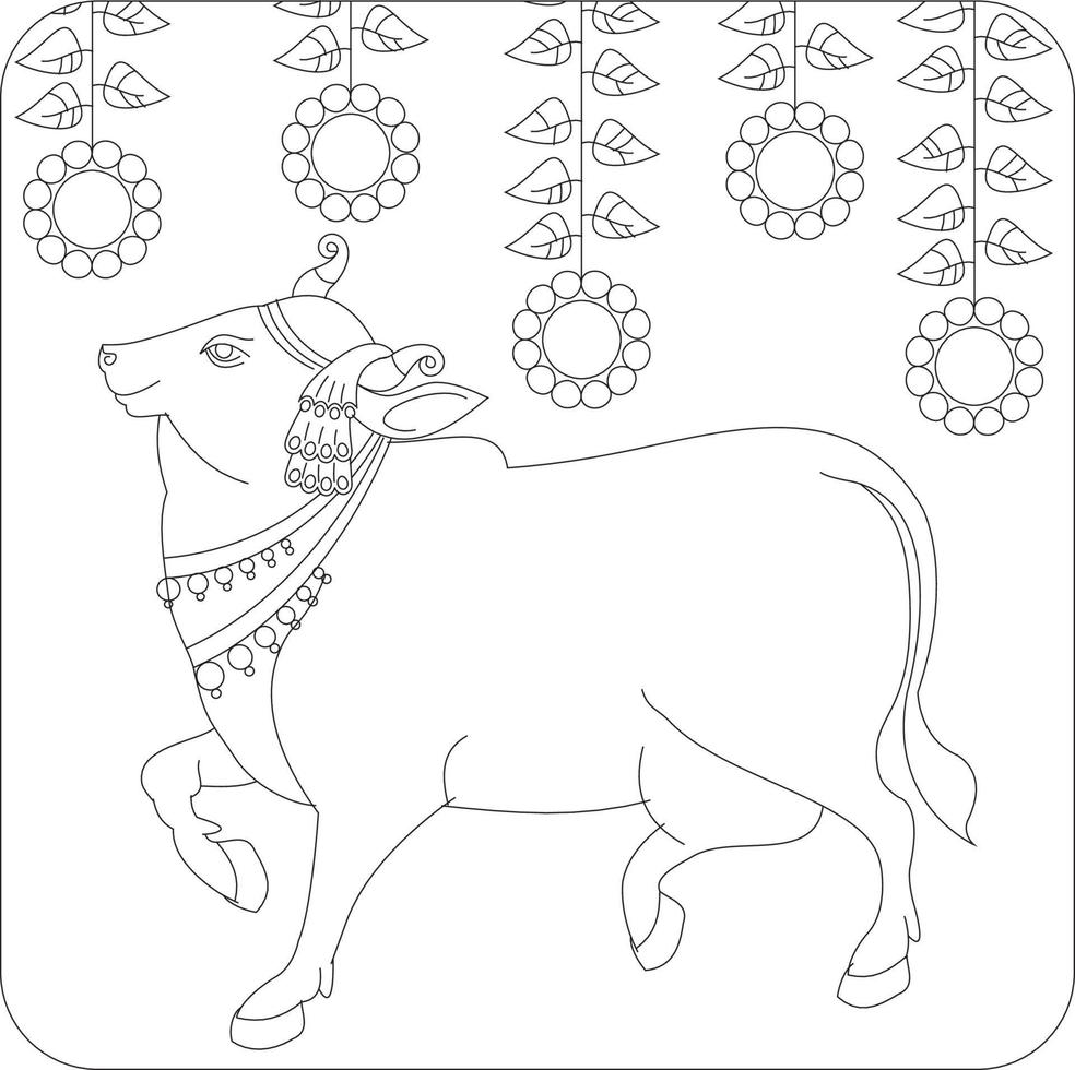 vache sacrée dans l'art populaire traditionnel indien kalamkari sur tissus en lin. il peut être utilisé pour un livre de coloriage, des impressions sur tissu textile, un étui pour téléphone, une carte de voeux. logo, calendrier vecteur