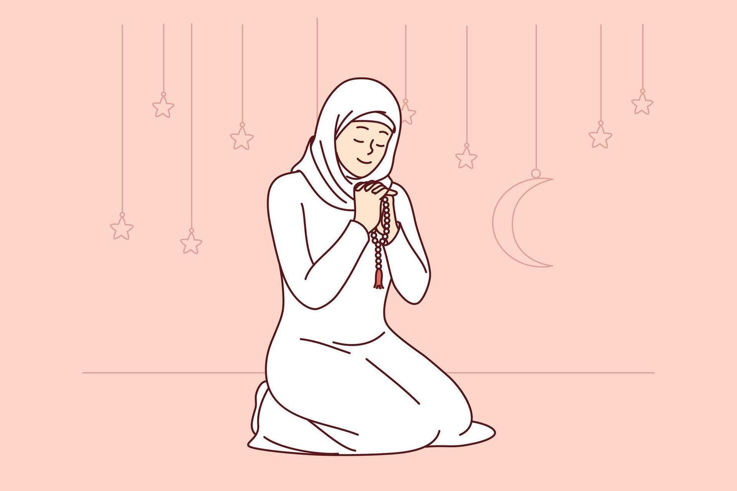 musulman femme honneurs saint mois de Ramadan, en train de lire prière séance sur genoux, portant islamique Vêtements vecteur