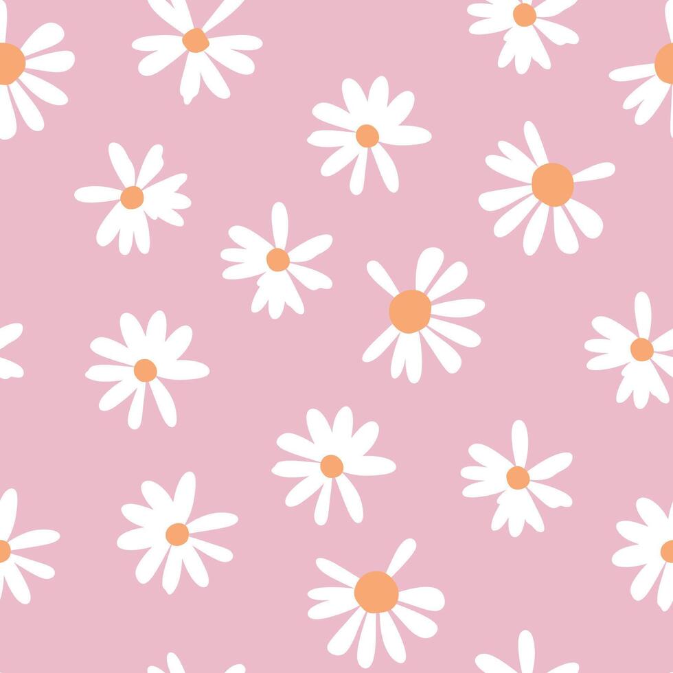 sans couture modèle avec Marguerite fleur , petit blanc fleur et vert feuilles sur rose Orange Contexte illustration. mignonne floral imprimer. vecteur