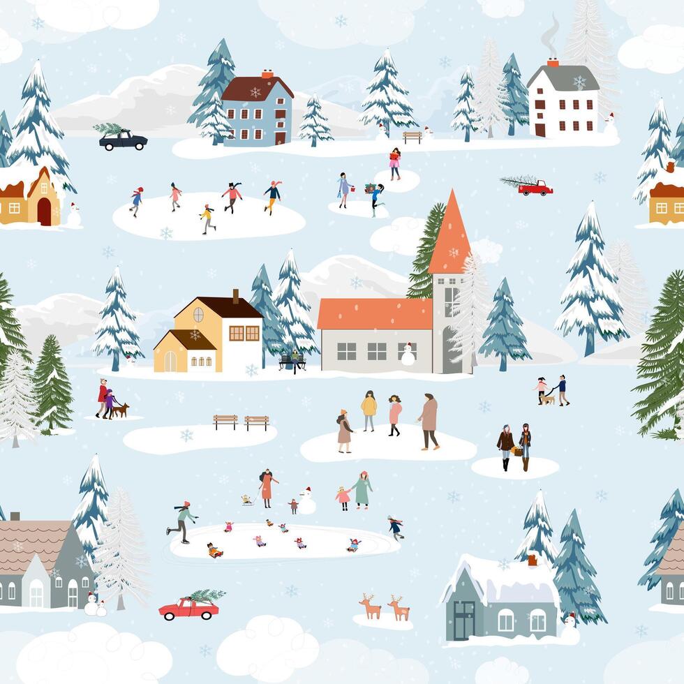 hiver modèle, Noël arrière-plan, hiver pays des merveilles paysage ville avec pin arbre, mignon maison, gens en jouant la glace patin, conception famille fête dans village sur Nouveau année veille, Noël vacances 2025 vecteur