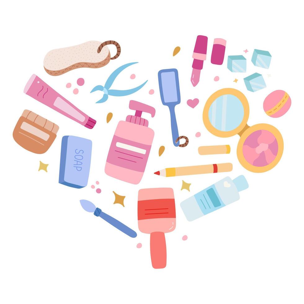 gros coloré clipart ensemble avec des produits pour corps, peau, cheveux, santé, clou se soucier et cosmétique pour se maquiller. dans le forme de cœur mignonne main tiré griffonnage avec bouteilles, pots pour beauté procédures, cosmétique. vecteur