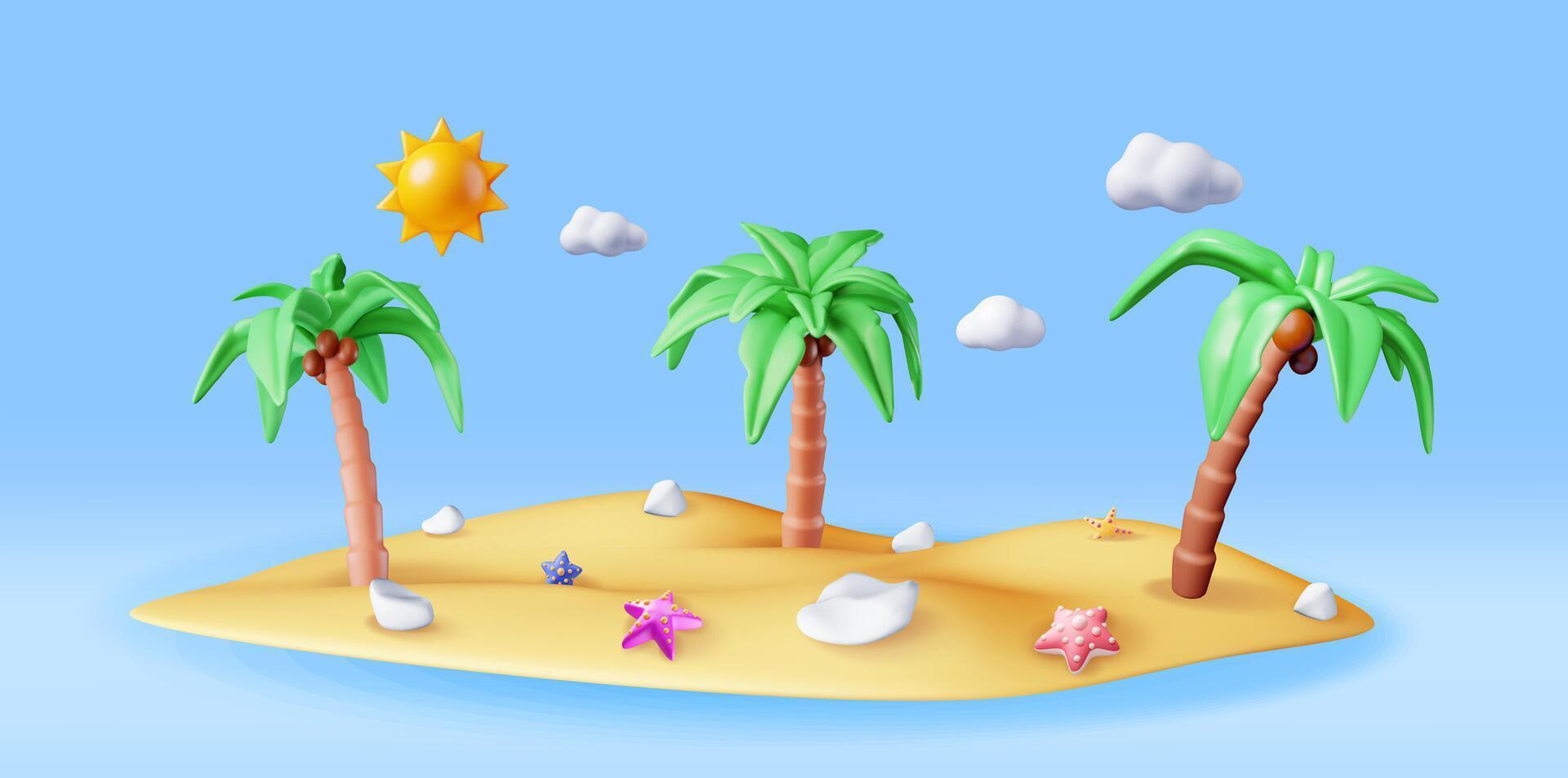 3d paysage de paume arbre sur plage. rendre tropical île avec étoile de mer. Soleil avec des nuages. concept de été vacances. été vacances, temps à Voyage. plage relaxation. réaliste illustration vecteur