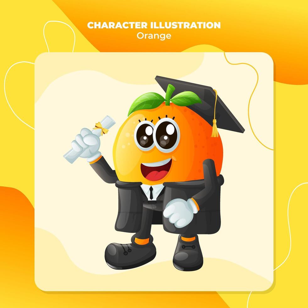 mignonne Orange personnage portant une l'obtention du diplôme casquette et en portant une diplôme vecteur