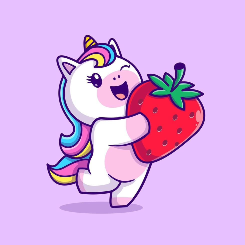 mignonne Licorne en portant fraise dessin animé vecteur