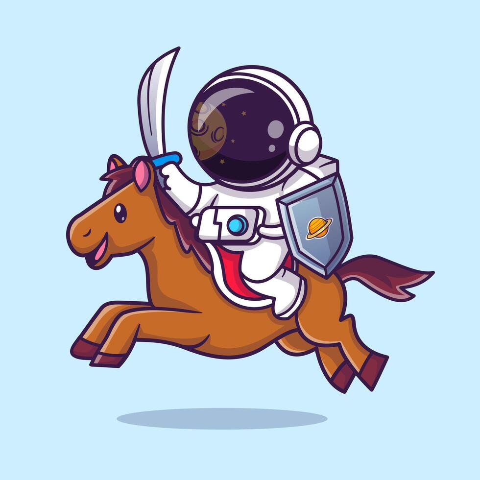 mignonne astronaute guerrier équitation cheval avec épée et bouclier dessin animé vecteur