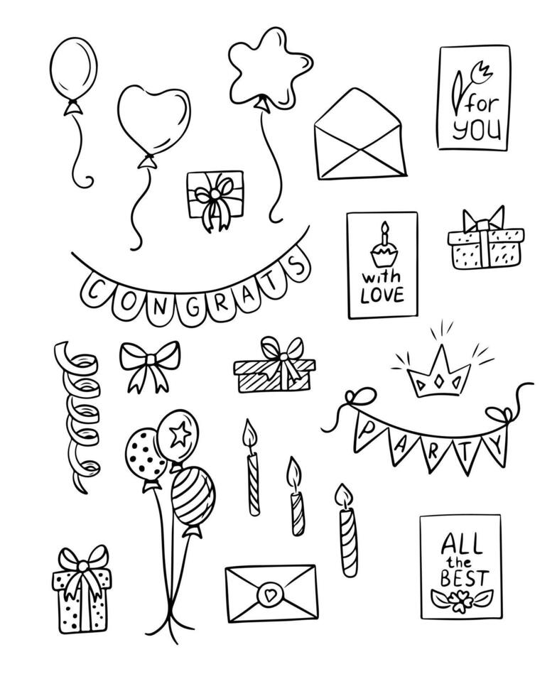 ensemble de main tiré griffonnages pour anniversaire faire la fête. noir contour isolé éléments sur blanc Contexte. vacances fête concept. bien pour coloration pages, autocollants, tatouage vecteur