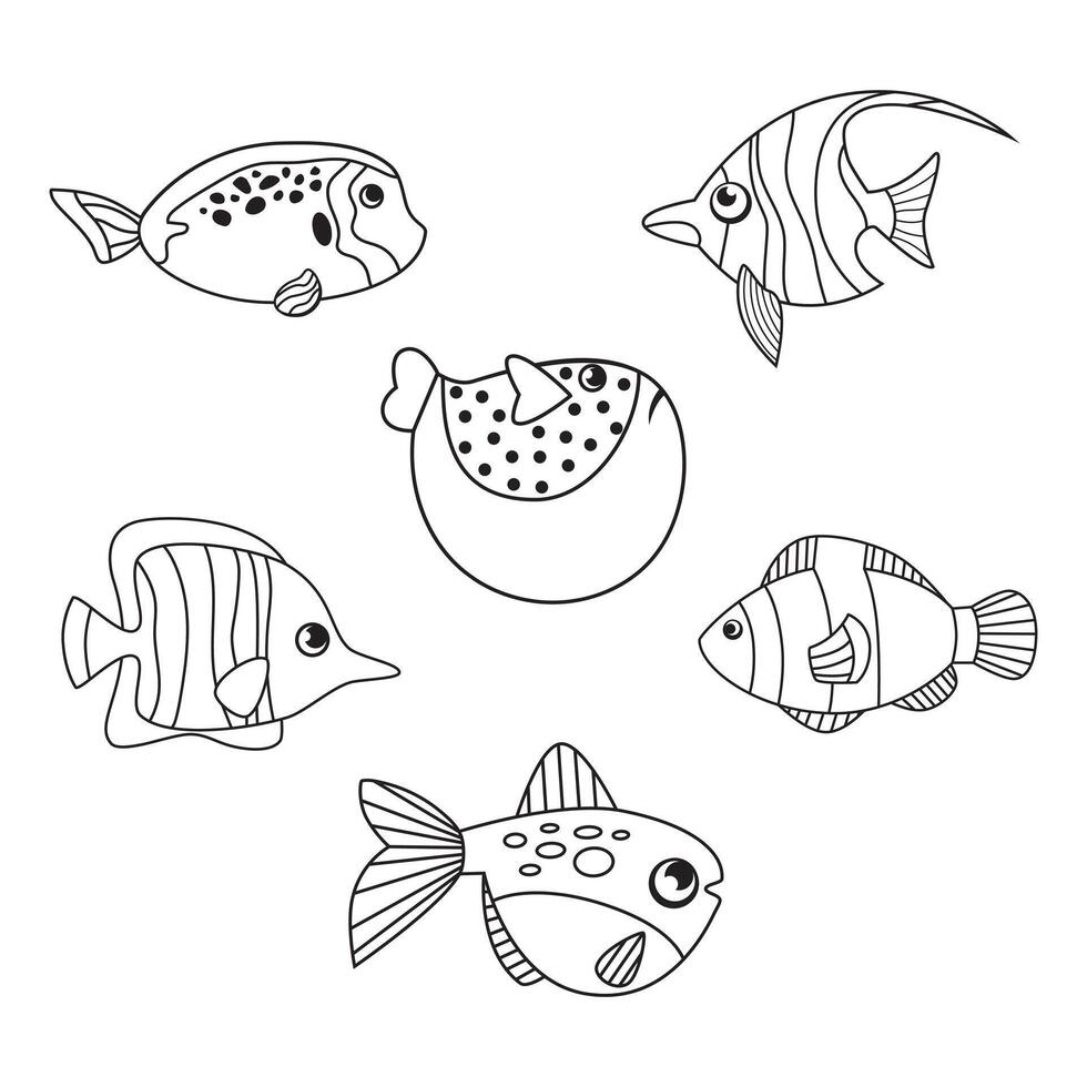 ensemble de poisson images dans Facile linéaire style, noir et blanc graphique. dessin animé image de poisson à illustrer les enfants avantages vecteur