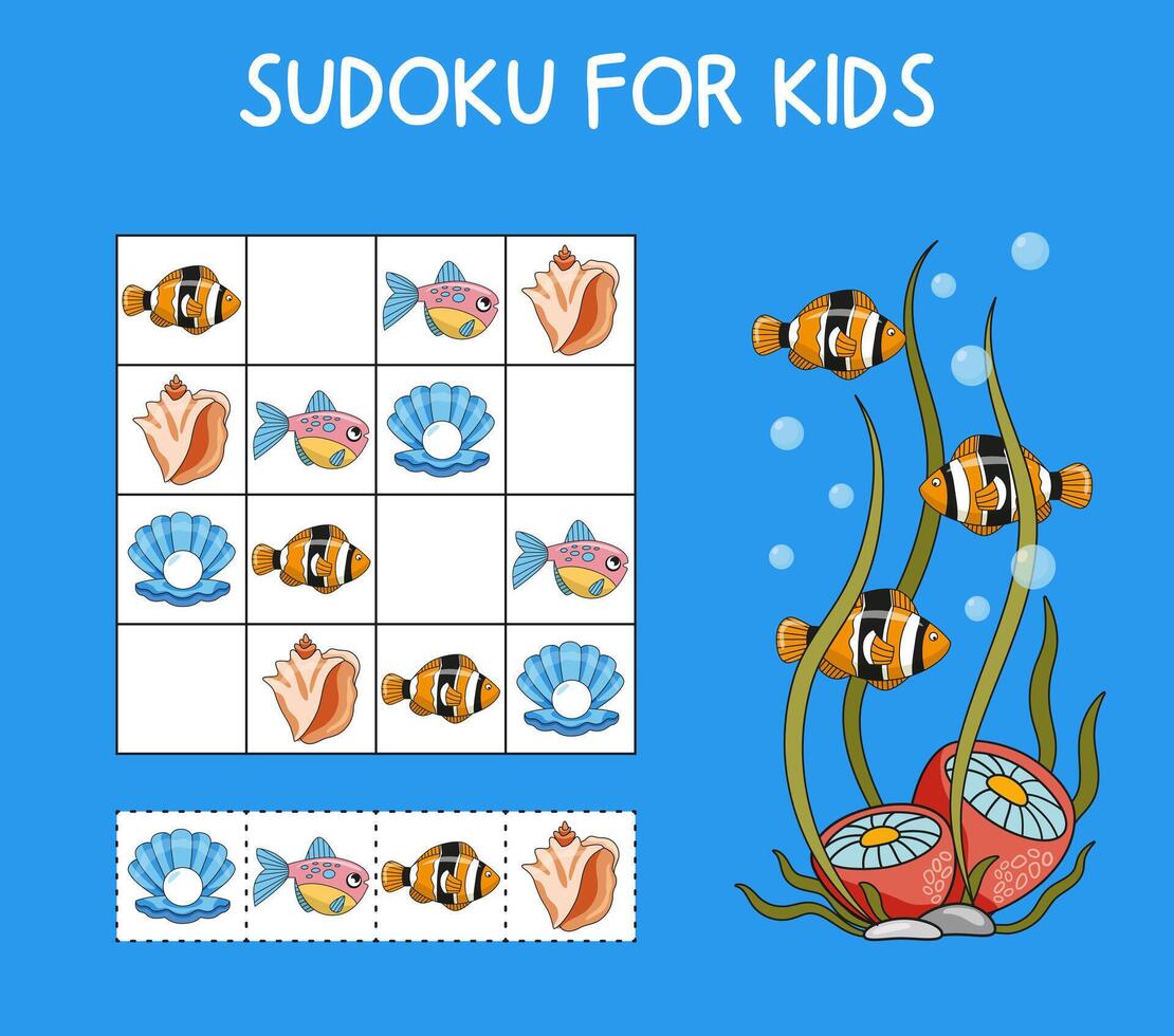 mini-jeux pour les enfants. enfants d'âge préscolaire. sudoku, choisir en haut une photo. image avec poisson et anémones.logique Tâches pour enfants d'âge préscolaire. Mémoire développement. Jeux 3-4 années. vecteur