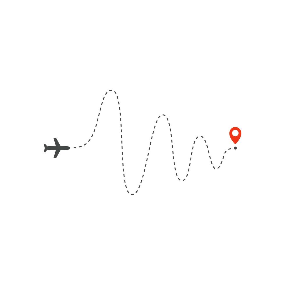 icône de voie d'avion, direction de chemin d'ondes de grande amplitude d'avion et point rouge de destination, modèle de conception de logo, modèle d'illustration vectorielle de voyage de vacances sur fond blanc. vecteur