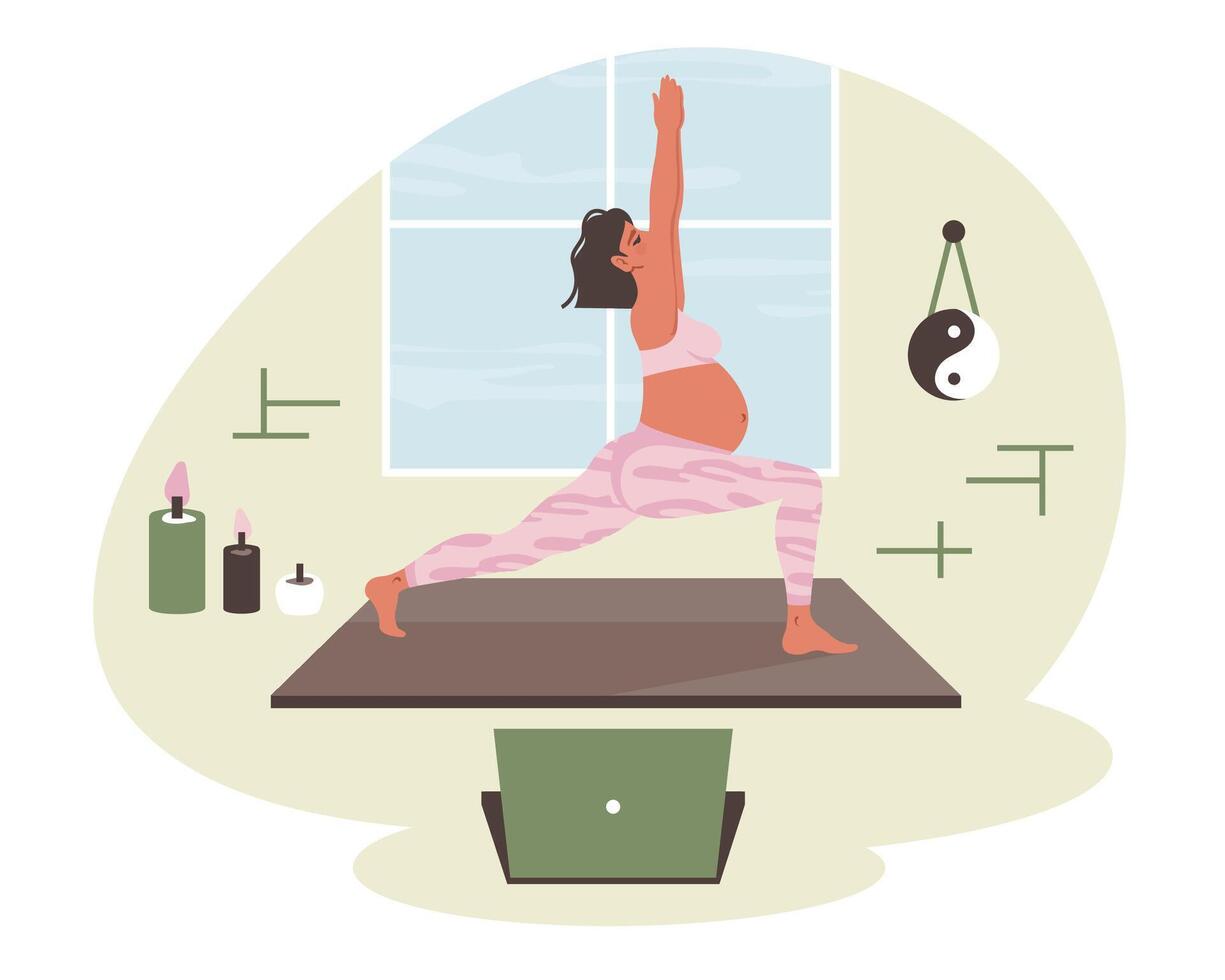 yoga à maison. Enceinte femme Faire yoga sur portable. yoga entraîneur en ligne. futur mère Faire des exercices, méditation, pilates dans chambre. en bonne santé mode de vie, soin du corps, se soucier pour futur enfant. vecteur