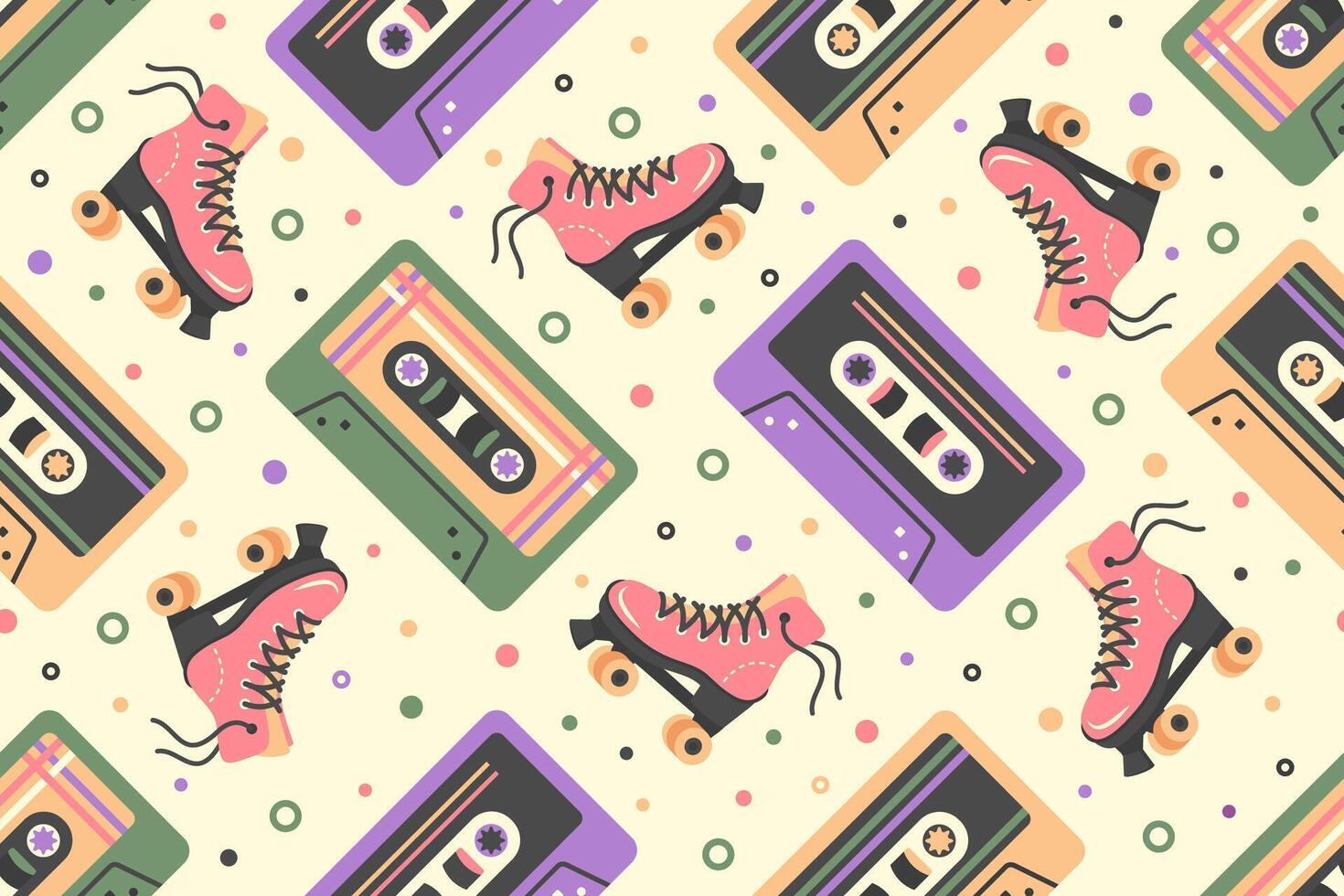 rétro sans couture modèle. vieux école main tiré conception de années 90, années 80, années 70. ancien l'audio cassettes à ruban enregistreur avec rouleau patins. sur blanc Contexte. mode de vie, la musique concept. illustration vecteur