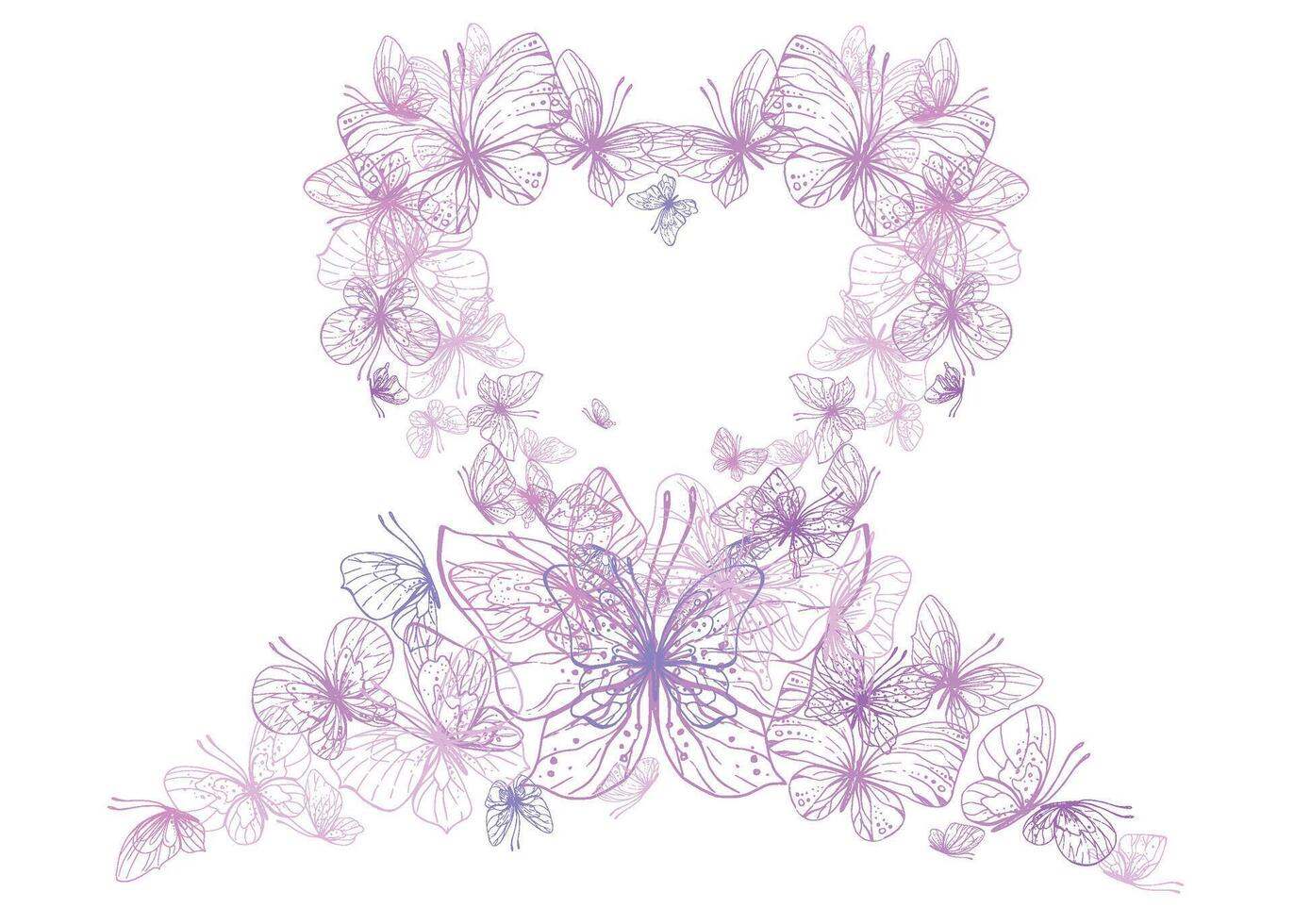 papillons sont rose, bleu, lilas, en volant, délicat avec ailes et éclaboussures de peindre. graphique illustration main tiré dans rose, lilas encrer. cœur forme cadre, modèle eps vecteur