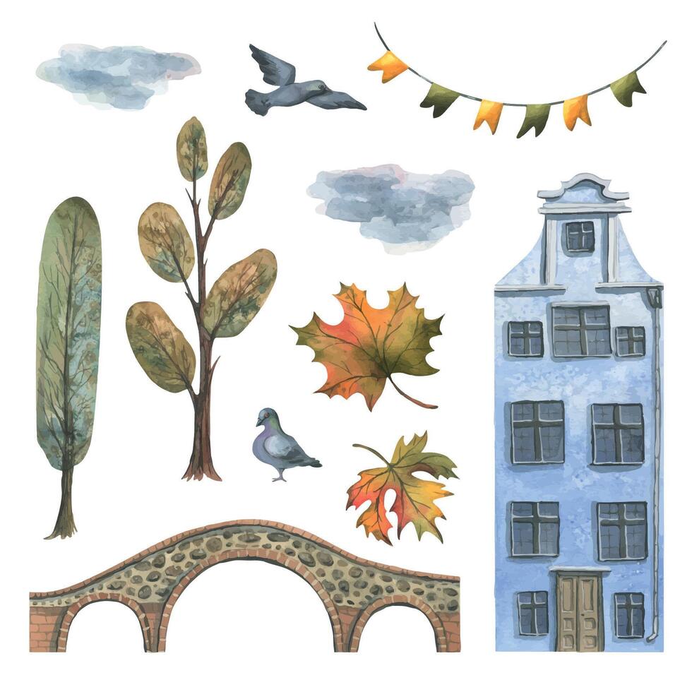ancien européen Maisons sont coloré, avec l'automne des arbres et feuilles, pierre des ponts et lanternes. main tiré aquarelle illustration. ensemble de objets isolé de le Contexte vecteur