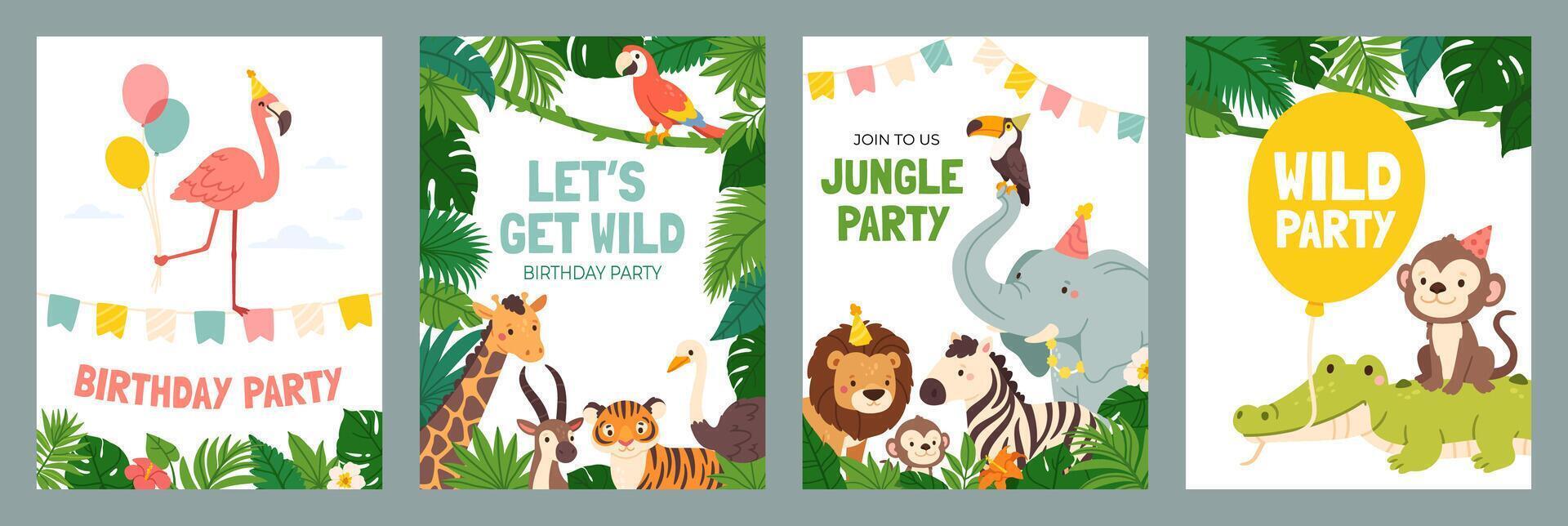 invitation carte avec animaux. mignonne affiche avec bébé jungle animal. marrant anniversaire inviter modèle avec sauvage lion, éléphant, singe, zèbre. des gamins arrière-plans pour vacances. ensemble vecteur